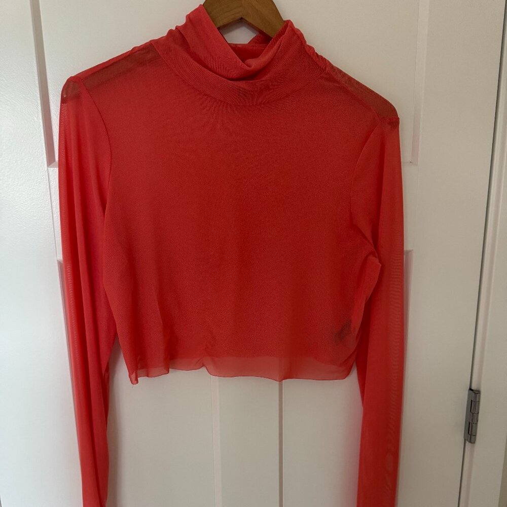 Micaela Mesh Turtleneck Crop Top - Hot Coral